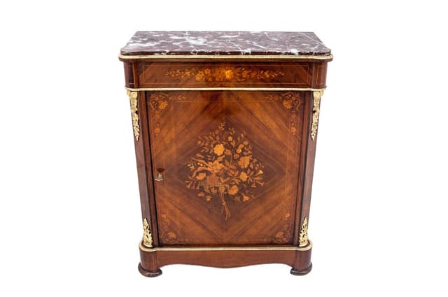 Komoda intarsjowana, brąz, drewno, Europa Północna, XIX wiek - WYMIARY