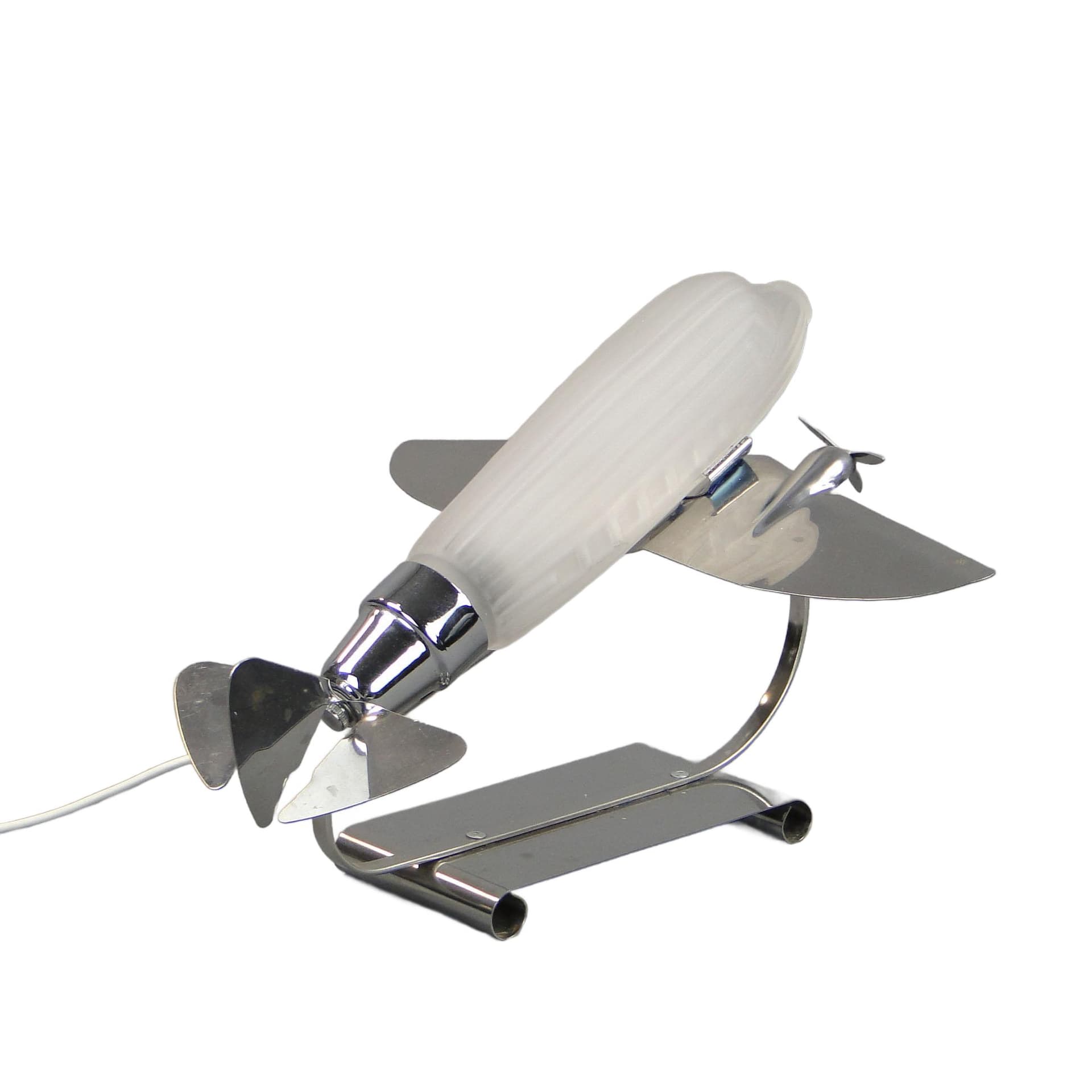 Lampa stołowa, szkło białe, stal chromowana, Czechosłowacja, lata 60.