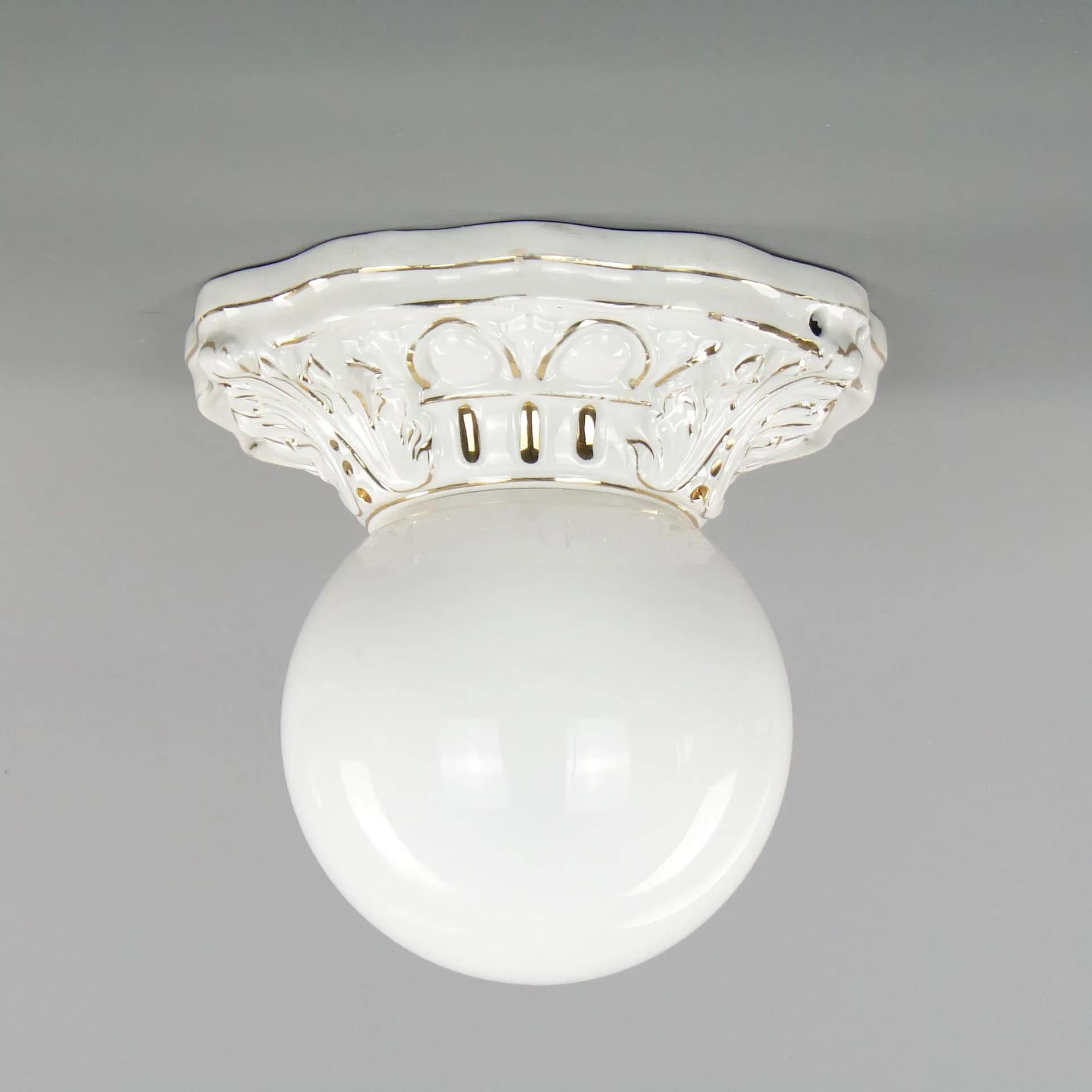 Eclectic Ceiling Lamp, white ceramic, white glass, Poland, 19th c. - 40634