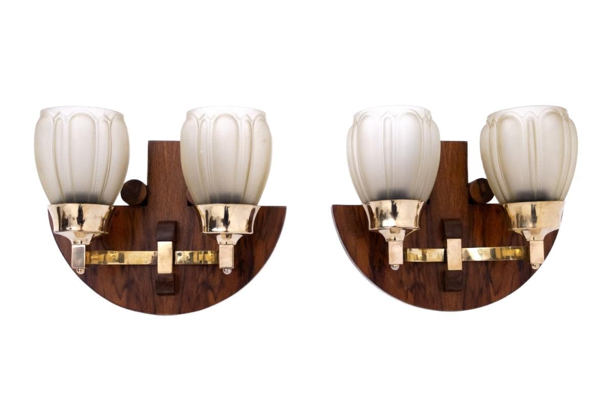 Pair of wall sconces, Art Deco, walnut brown, brass, glass, Poland, 1940s.