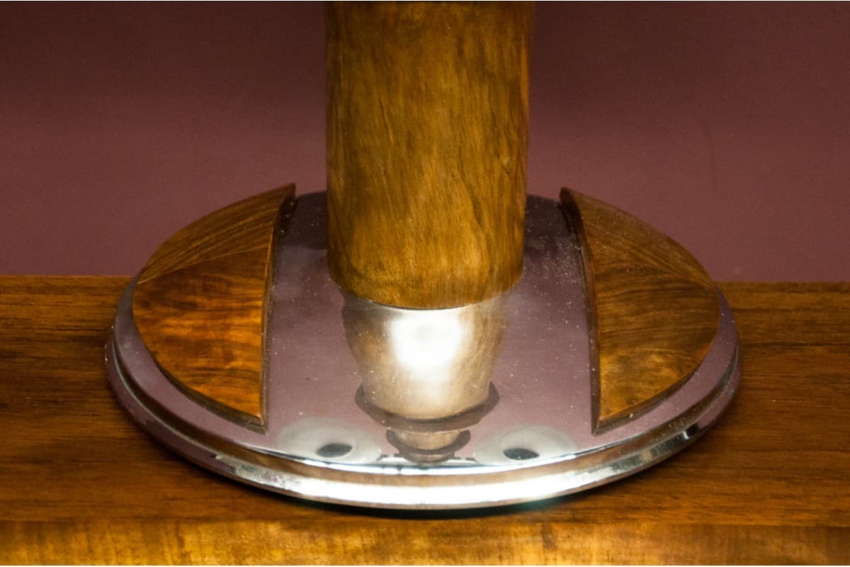 Lampa stołowa Art Deco, orzech brązowy, chrom, szkło, Polska, lata 60. - 78230