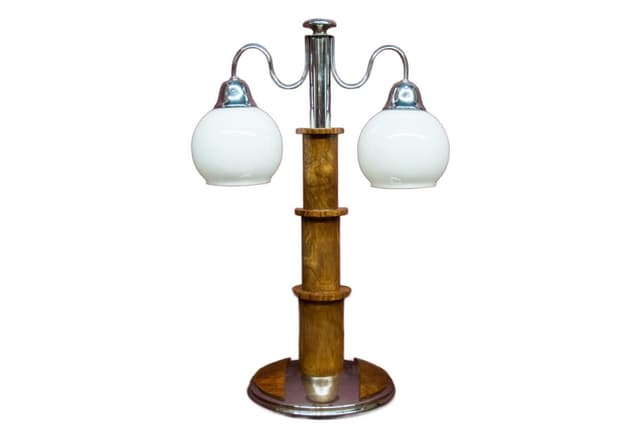 Lampa stołowa Art Deco, orzech brązowy, chrom, szkło, Polska, lata 60. - WYMIARY
