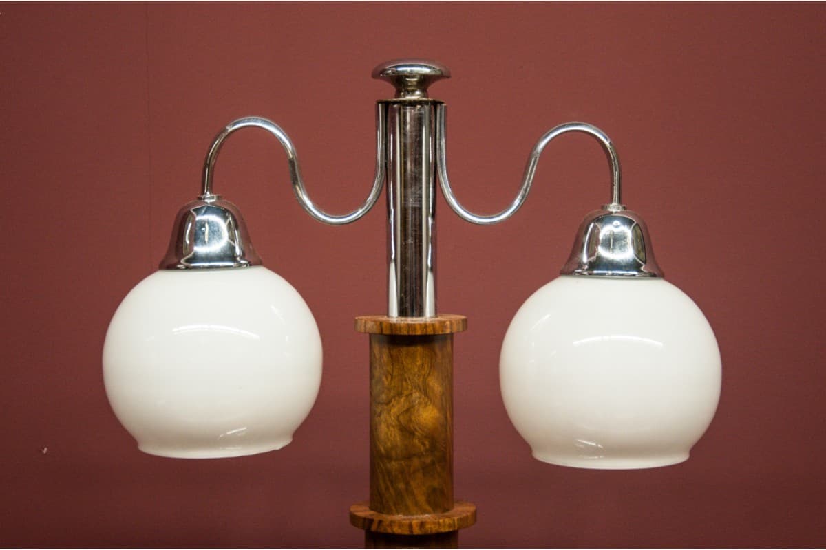 Lampa stołowa Art Deco, orzech brązowy, chrom, szkło, Polska, lata 60. - 78232