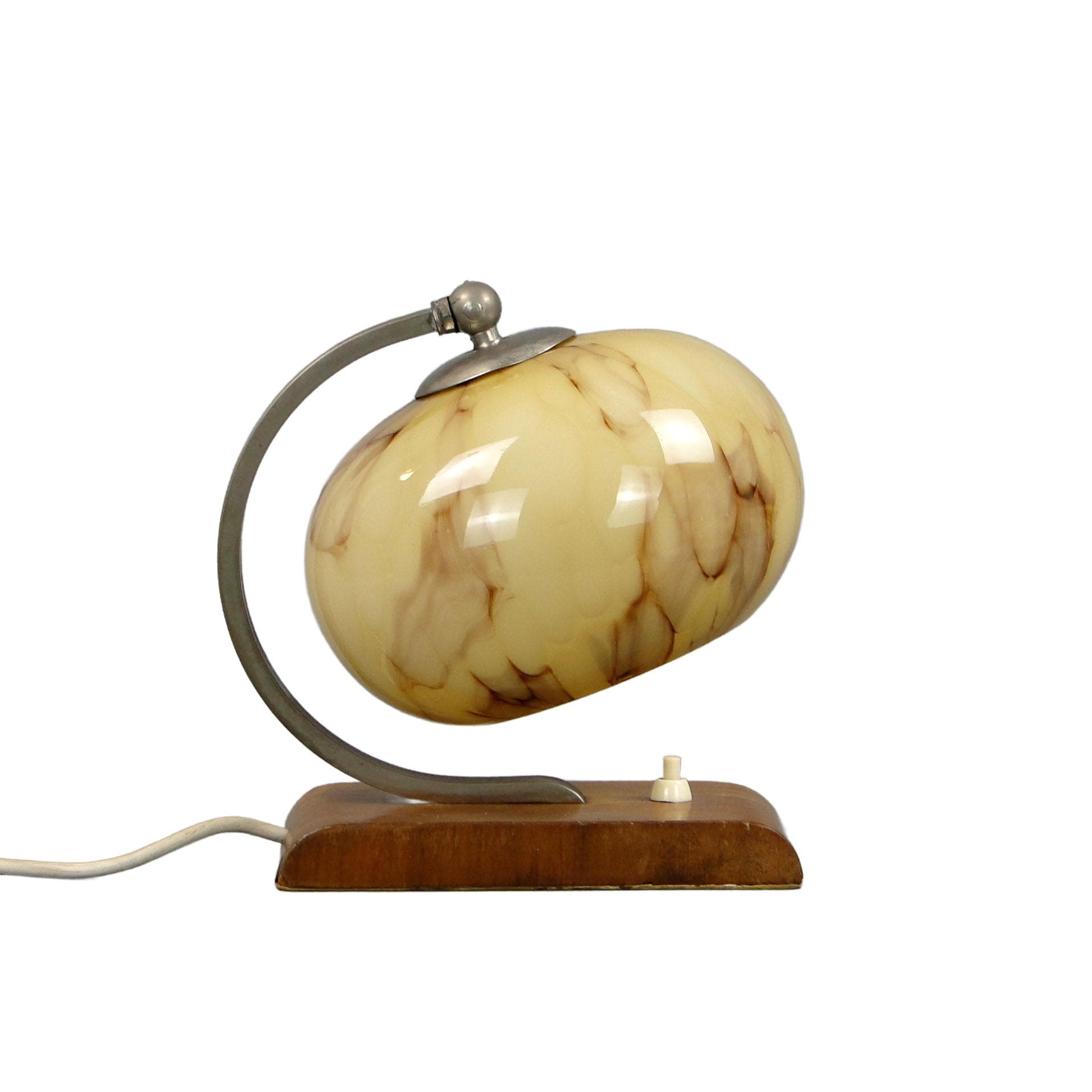 Lampa stołowa Art Deco, beżowy, mosiądz niklowany, orzech, szkło, Polska, lata 20.