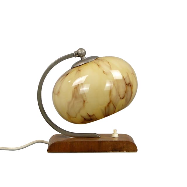 Lampa stołowa Art Deco, beżowy, mosiądz niklowany, orzech, szkło, Polska, lata 20. - WYMIARY