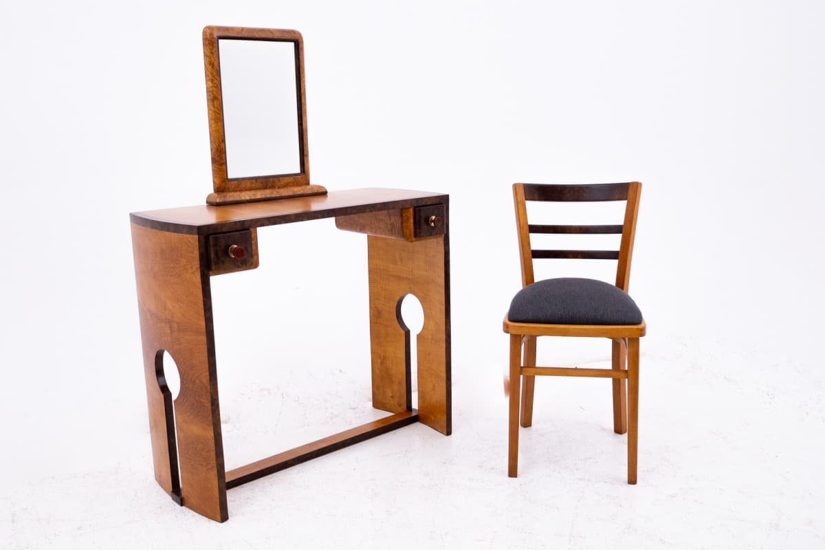 Vanity Set Art Deco, brown, walnut, Poland, 1940s - 77971