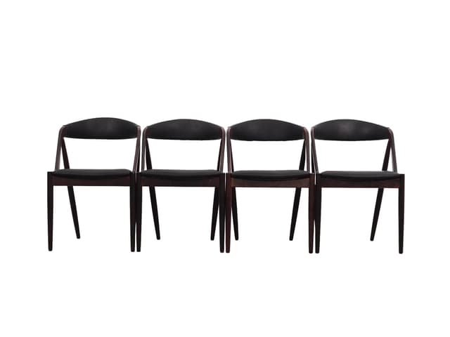 Komplet czterech krzeseł, palisander brązowy, skóra naturalna czarna, proj. K. Kristiansen, Dania, lata 70. - WYMIARY