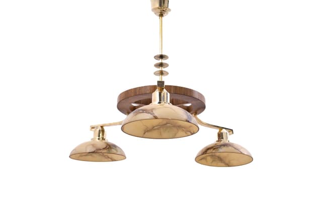 Żyrandol Art Deco, orzech, mosiądz, szkło beżowy, Polska, lata 50. - WYMIARY