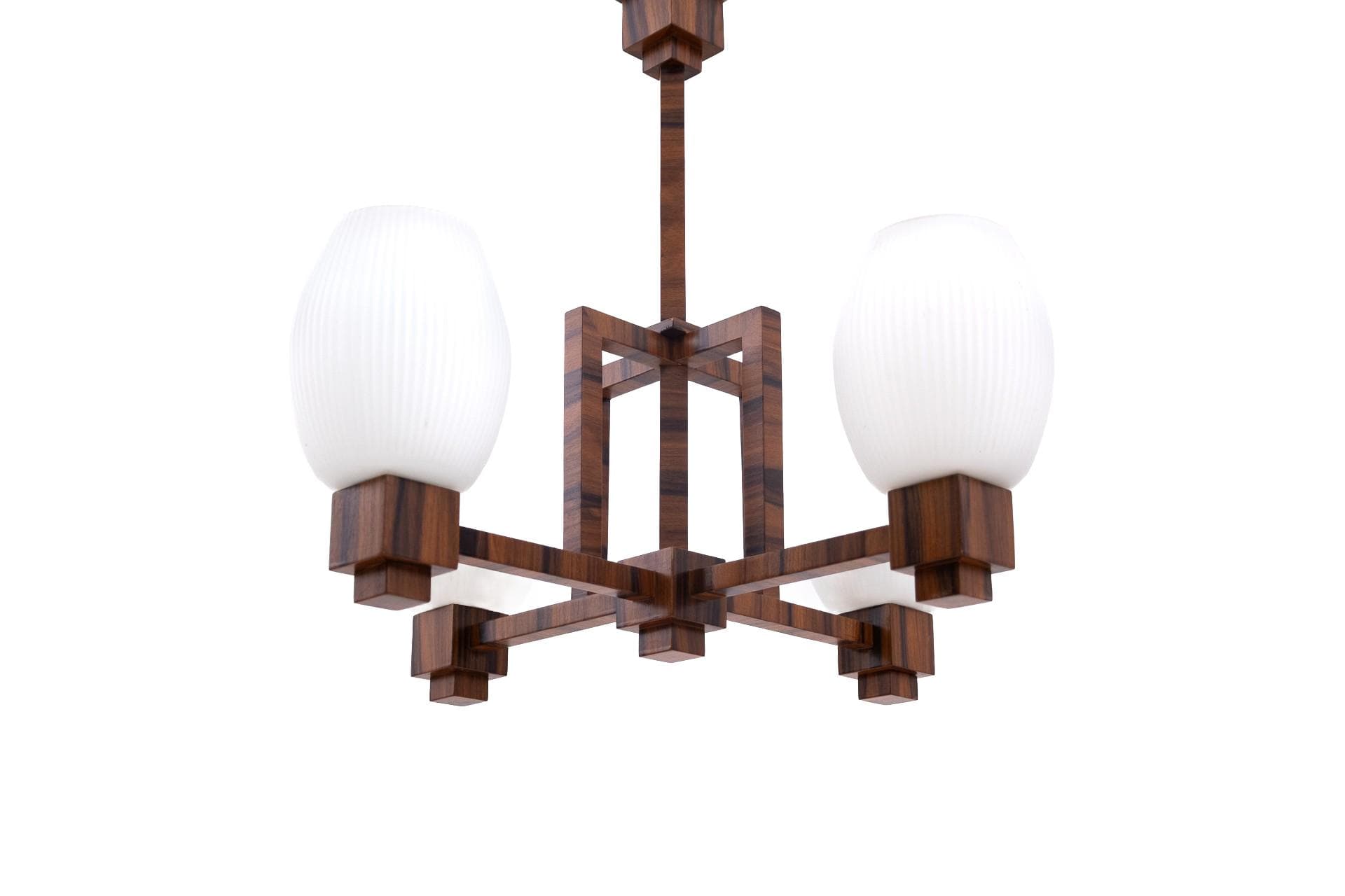 Żyrandol Art Deco, orzech brązowy, szkło białe, Polska, lata 40.