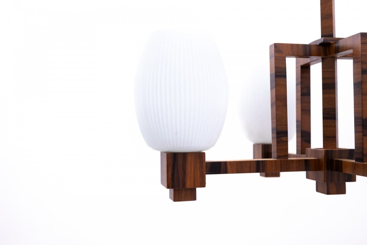 Żyrandol Art Deco, orzech brązowy, szkło białe, Polska, lata 40. - 77836