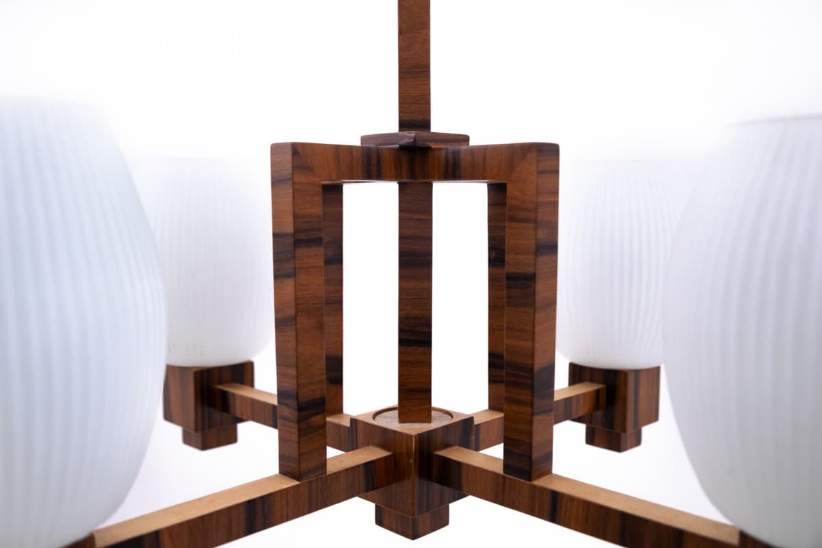 Żyrandol Art Deco, orzech brązowy, szkło białe, Polska, lata 40. - 77834