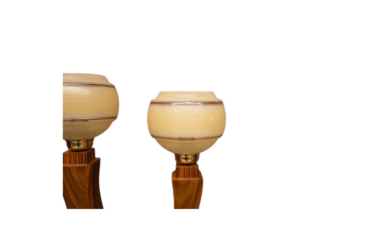 Pair of Art Deco Table Lamps, light brown walnut, cream glass, 1960s. - 77826