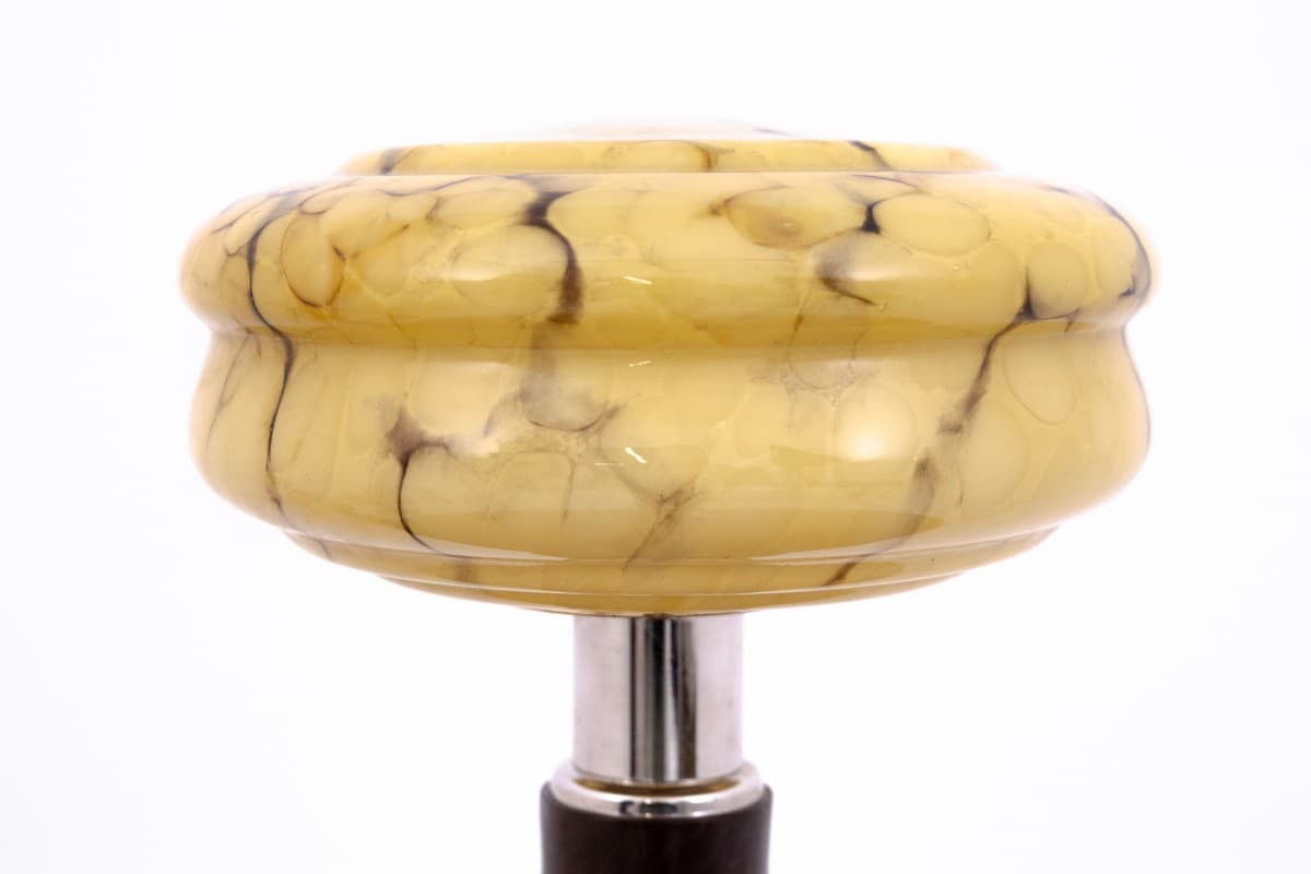 Table Lamp Art Deco, dark wood, beige glass, chromed metal, Poland, 1950s. - 77818