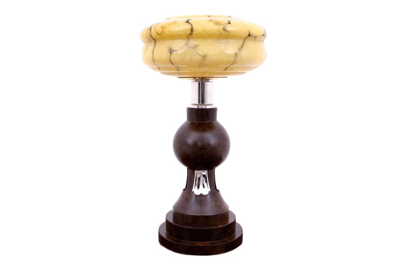 Table Lamp Art Deco, dark wood, beige glass, chromed metal, Poland, 1950s.
