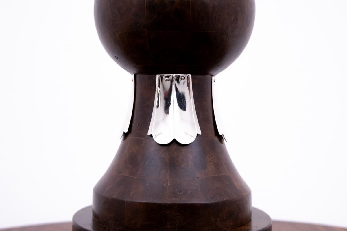 Table Lamp Art Deco, dark wood, beige glass, chromed metal, Poland, 1950s. - 77816