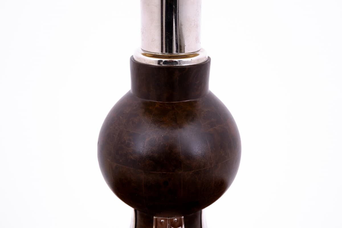 Table Lamp Art Deco, dark wood, beige glass, chromed metal, Poland, 1950s. - 77817