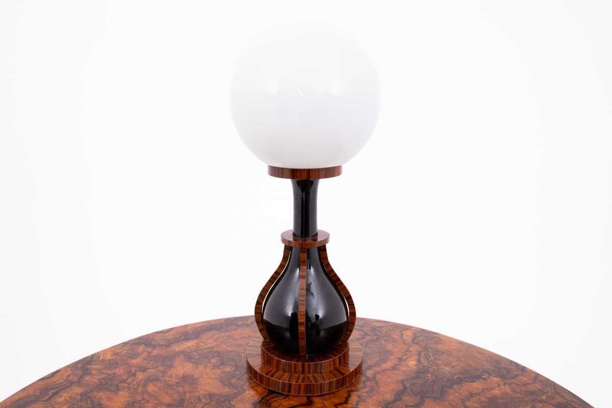 Pair of table lamps Art Deco, black ceramic, maroon wood, opal glass, Poland, 1950s - 77795