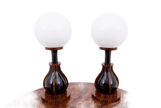 Pair of table lamps Art Deco, black ceramic, maroon wood, opal glass, Poland, 1950s - DIMENSION