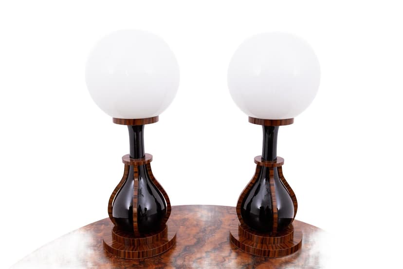 Pair of table lamps Art Deco, black ceramic, maroon wood, opal glass, Poland, 1950s