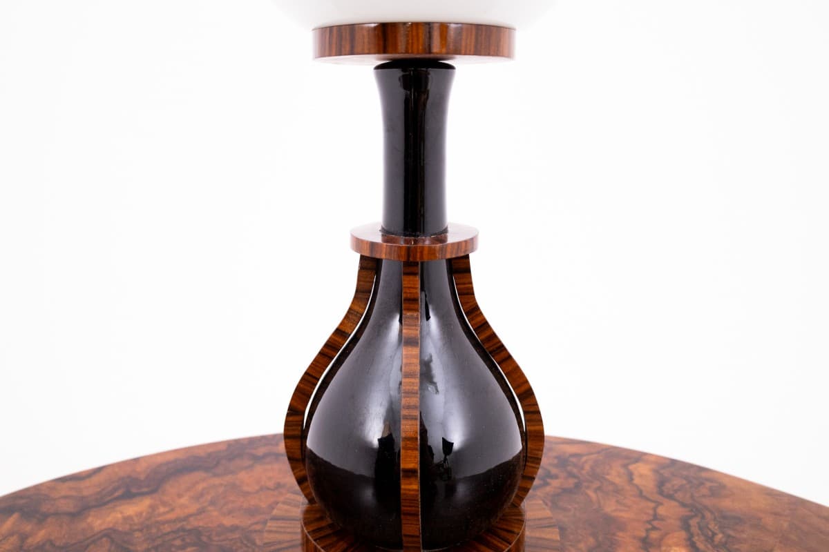 Pair of table lamps Art Deco, black ceramic, maroon wood, opal glass, Poland, 1950s - 77797