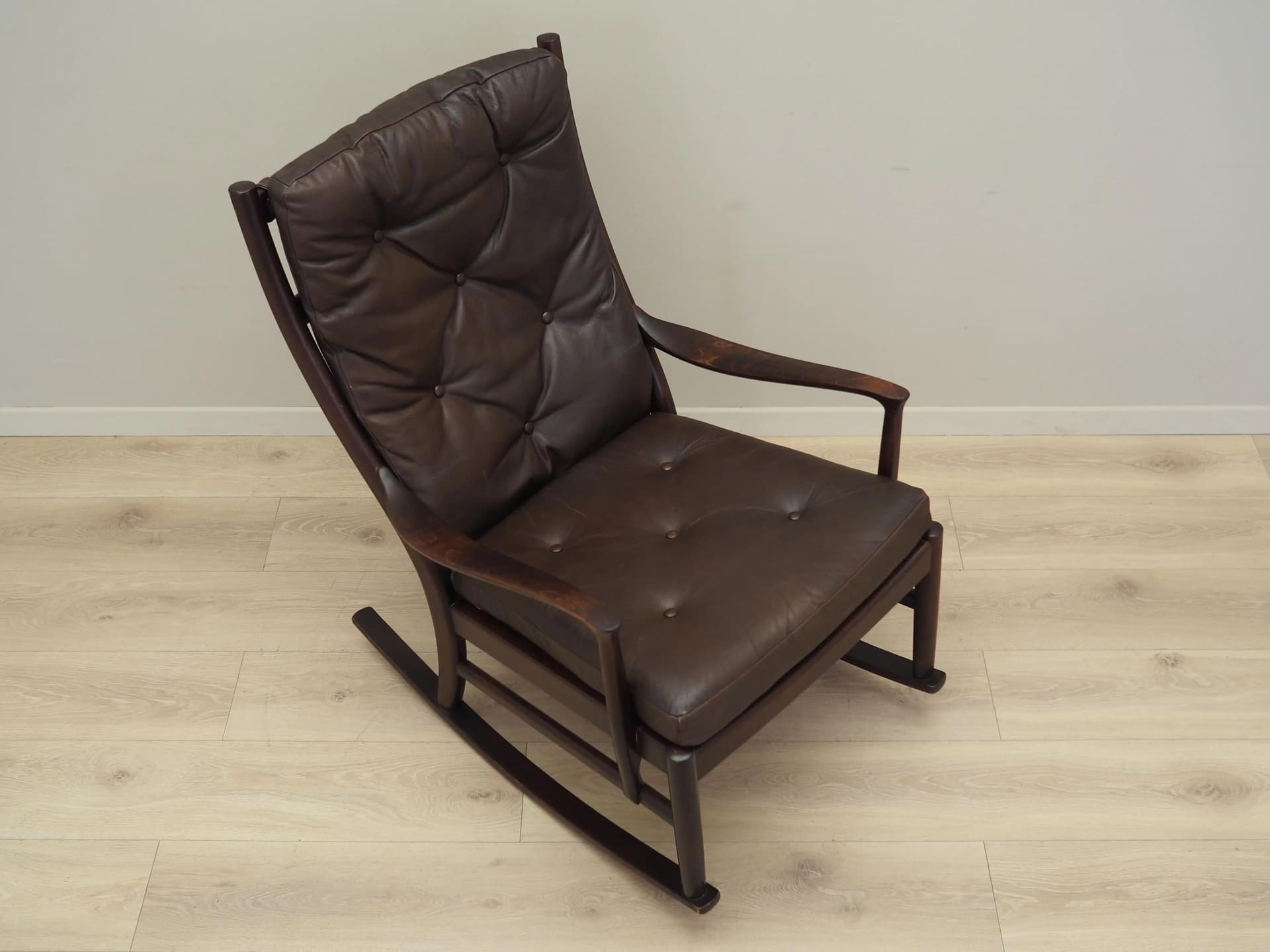 Rocking chair, brown leather, dark brown beech, Denmark, 1980s ...