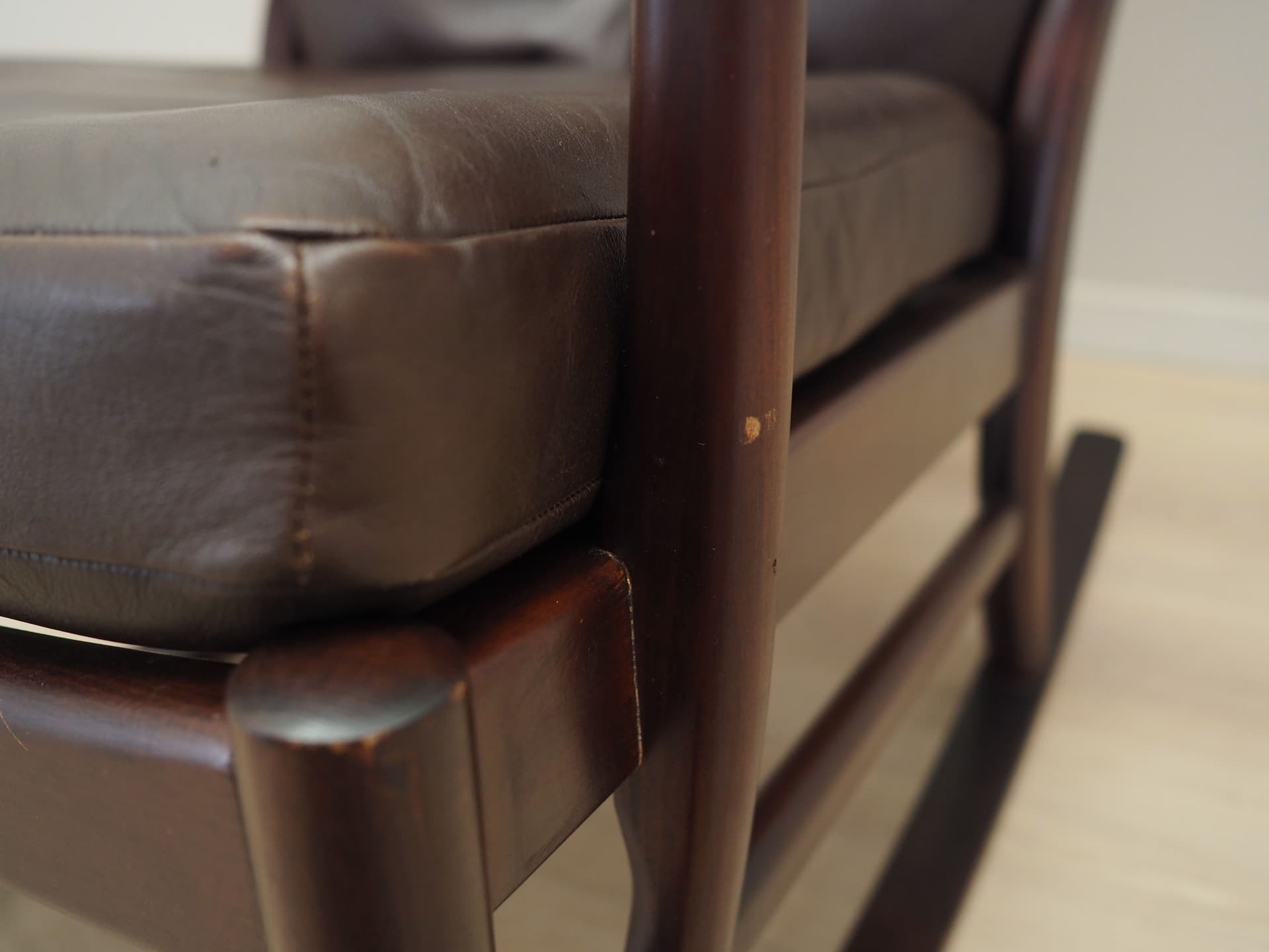 Rocking chair, brown leather, dark brown beech, Denmark, 1980s ...