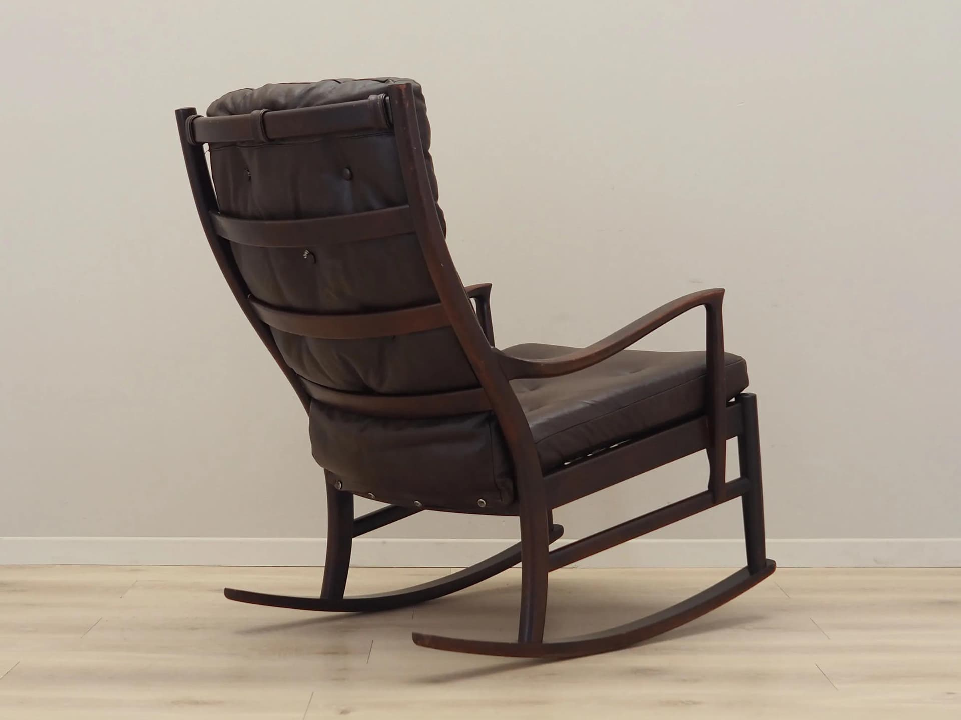 Rocking chair, brown leather, dark brown beech, Denmark, 1980s ...