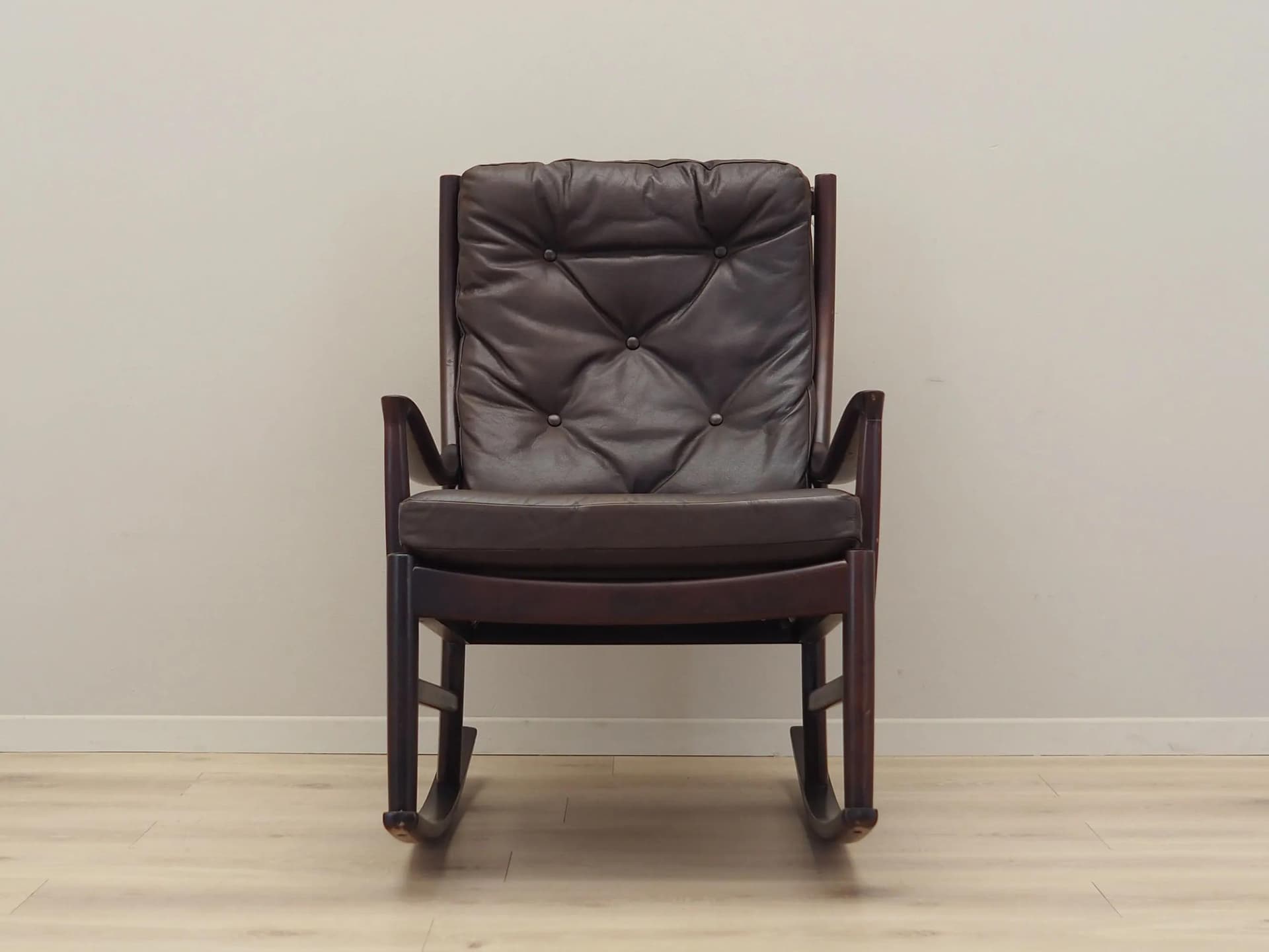 Rocking chair, brown leather, dark brown beech, Denmark, 1980s ...
