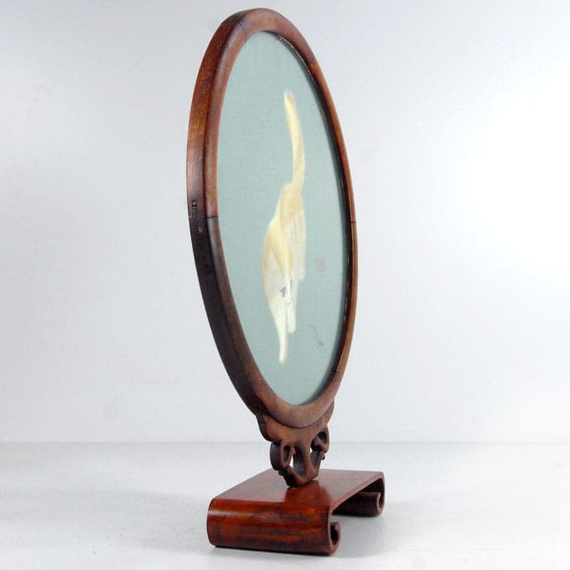 Panel dekoracyjny, haft jedwab niebieski, drewno ciemnobrązowe, Chiny, XX w. - 41931