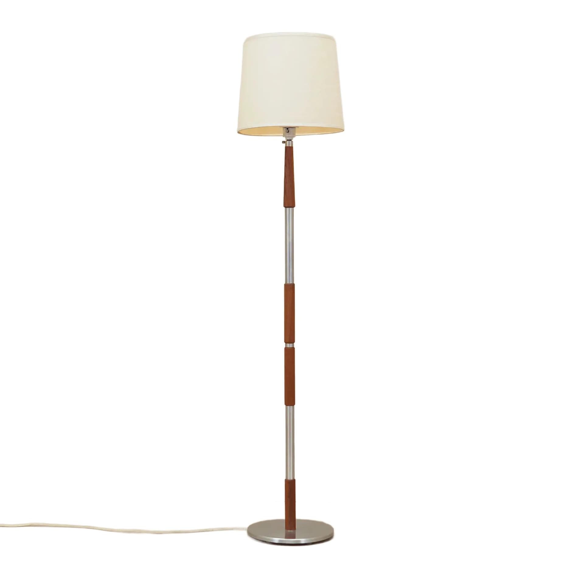 Floor lamp, teak, metal, beige shade, Denmark, 1970s