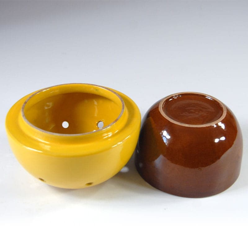 Container with lid, brown ceramic, yellow ceramic, Rometti, Italy, 1970s. - 41901