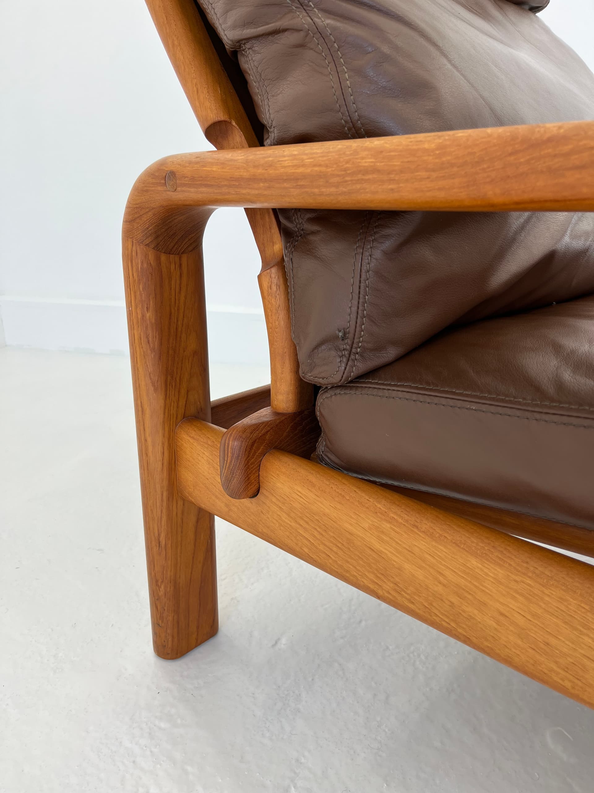 Armchair, brown natural leather, teak, by H. Olsen, Denmark, 1970s. - 40866