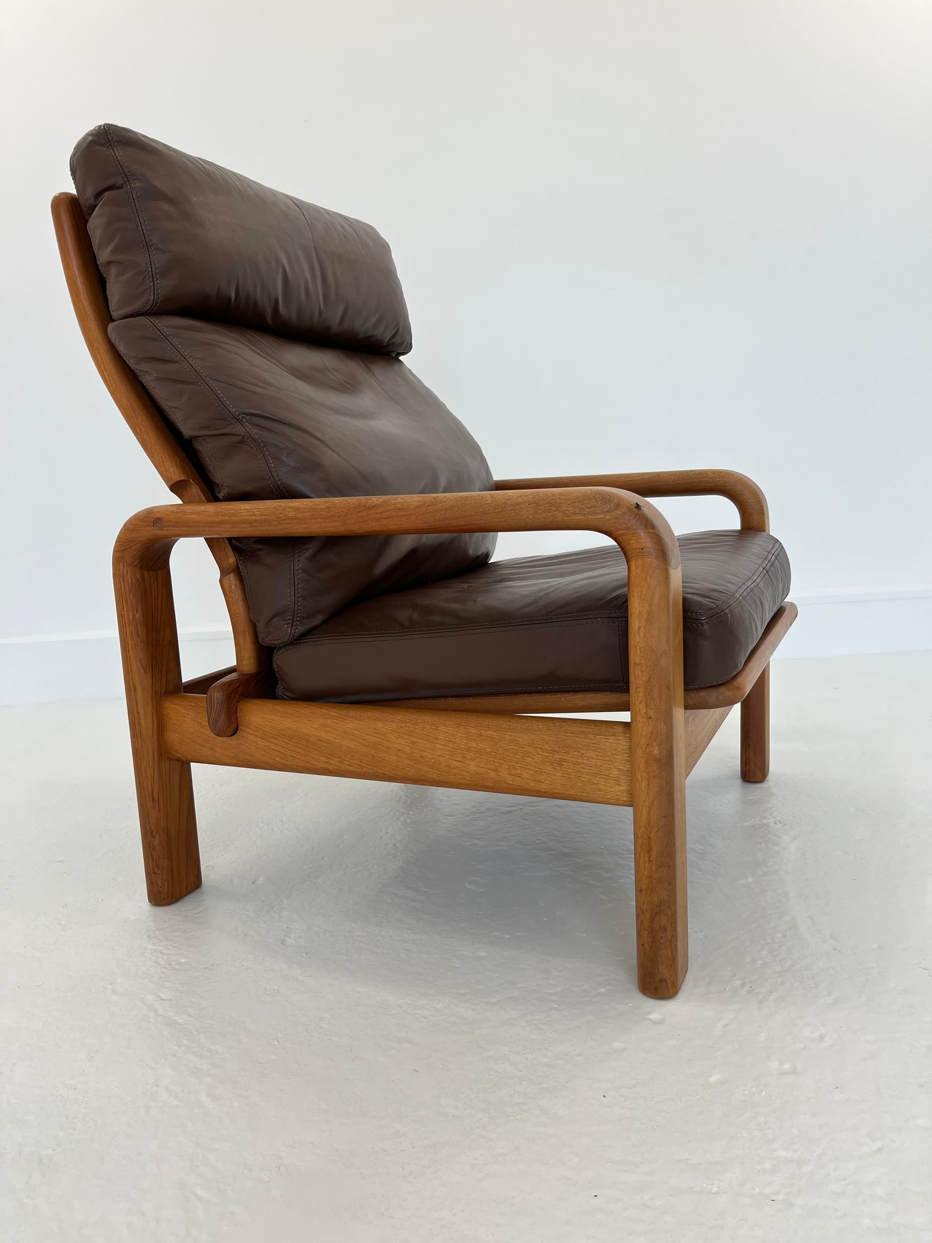 Armchair, brown natural leather, teak, by H. Olsen, Denmark, 1970s. - 40861