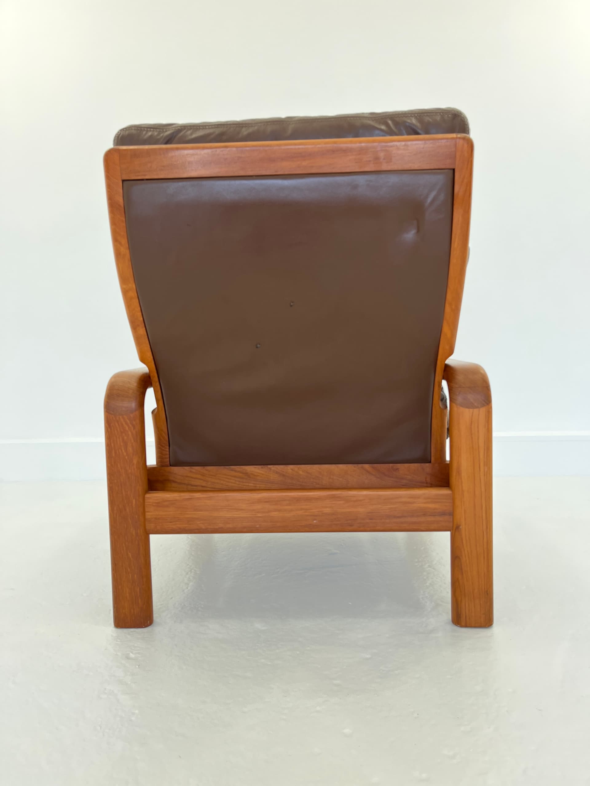 Armchair, brown natural leather, teak, by H. Olsen, Denmark, 1970s. - 40862