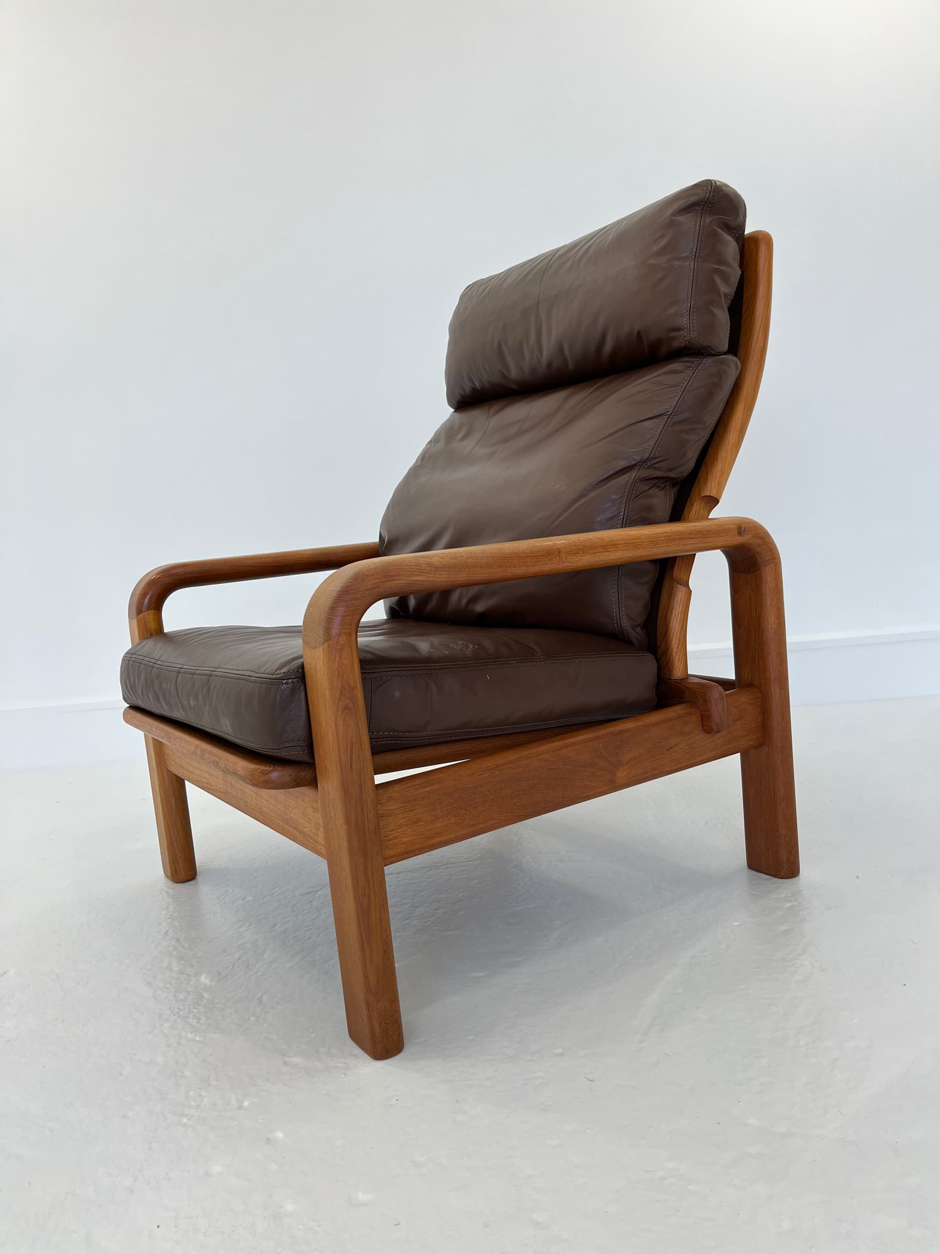 Armchair, brown natural leather, teak, by H. Olsen, Denmark, 1970s. - 40865