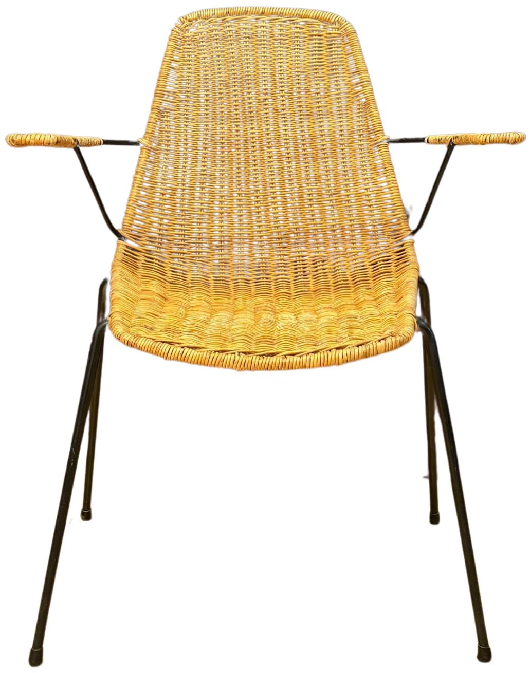 Krzesło z podłokietnikami, rattan brązowy, stal czarna, proj. G. F. Legler, Włochy, lata 50. - 47831