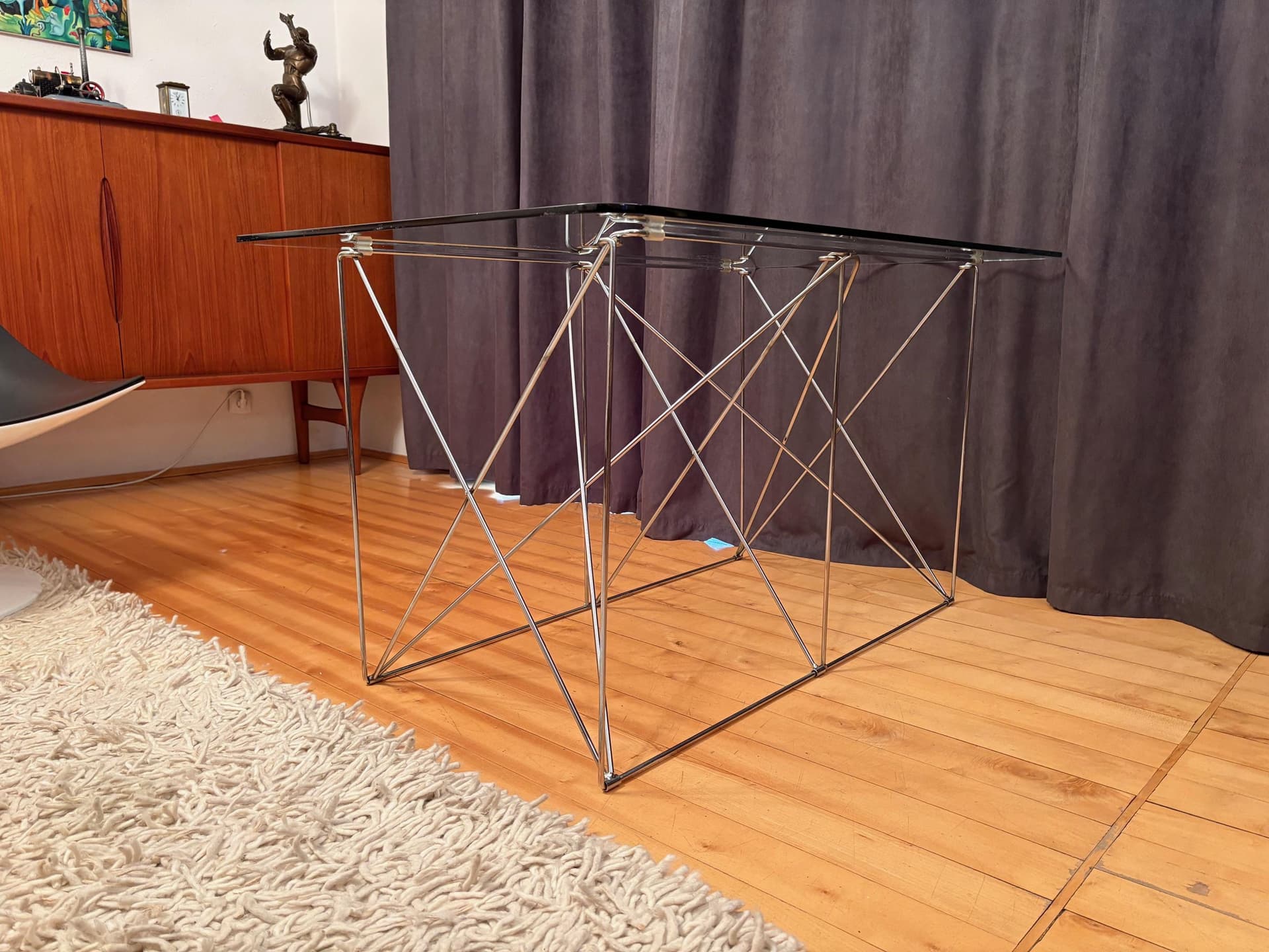 Table, Space Age, transparent glass, chrome steel, by M. Sauze, France, 1970s. - 79880