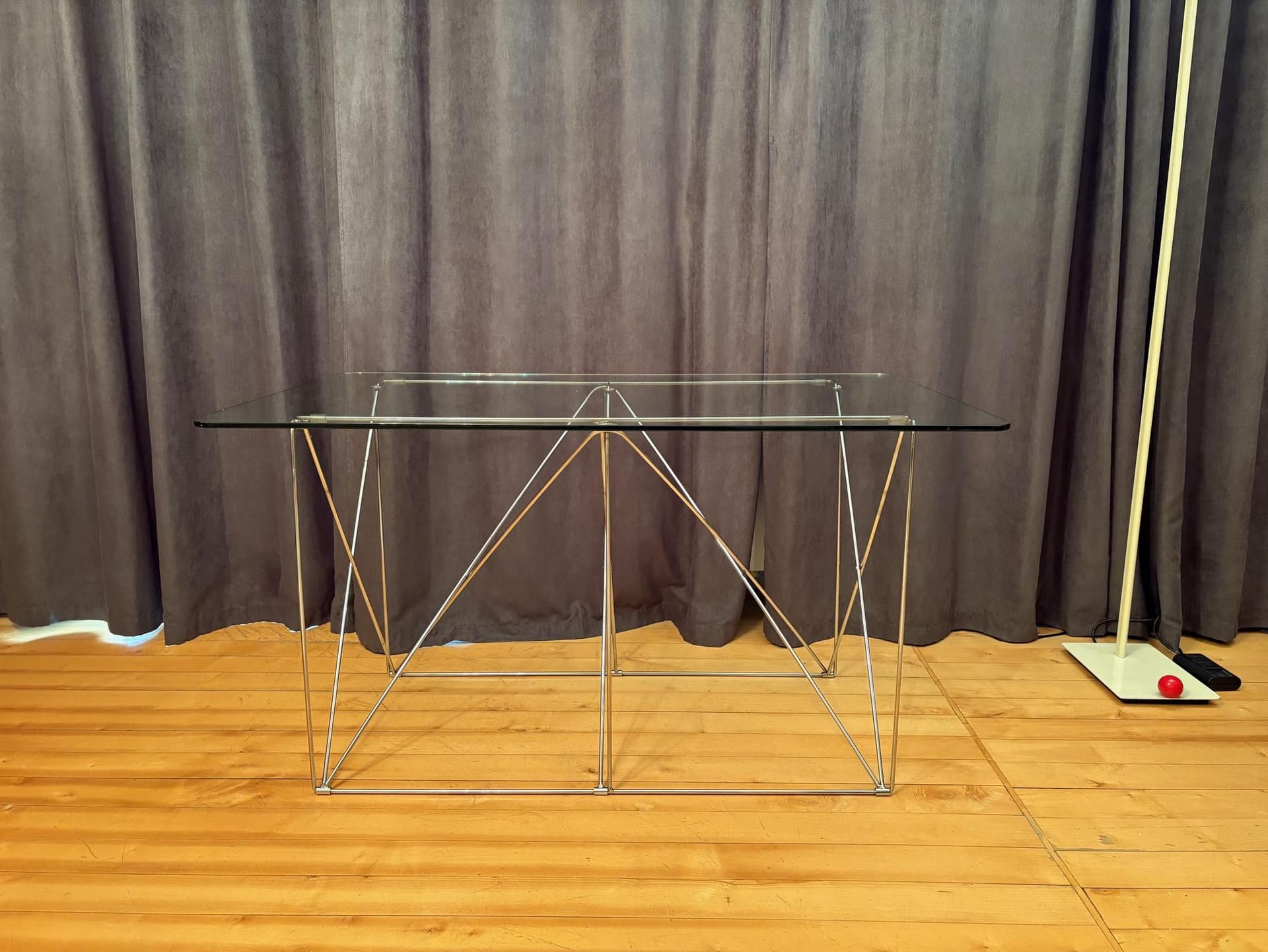 Table, Space Age, transparent glass, chrome steel, by M. Sauze, France, 1970s. - 79878