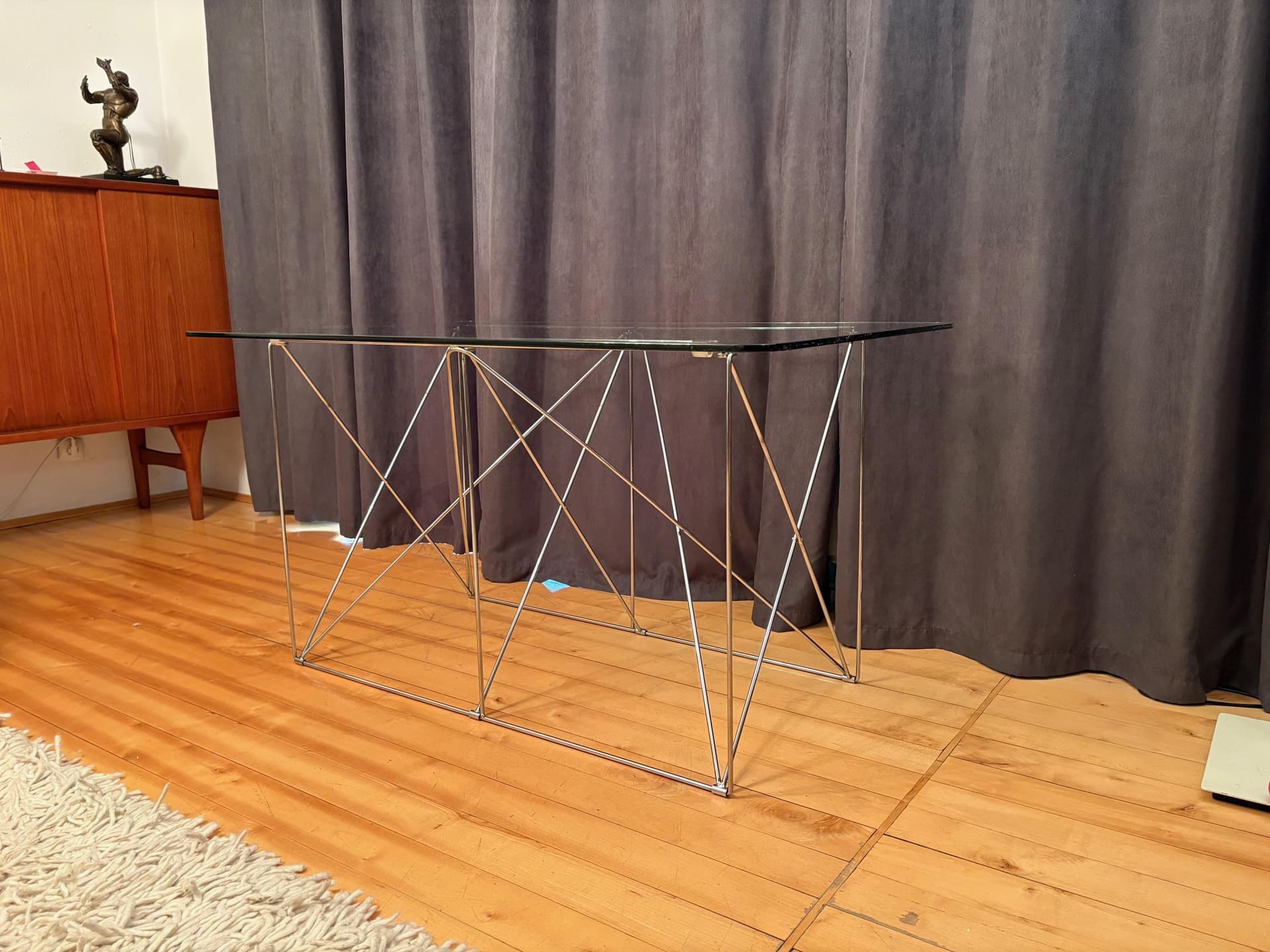 Table, Space Age, transparent glass, chrome steel, by M. Sauze, France, 1970s. - 79881