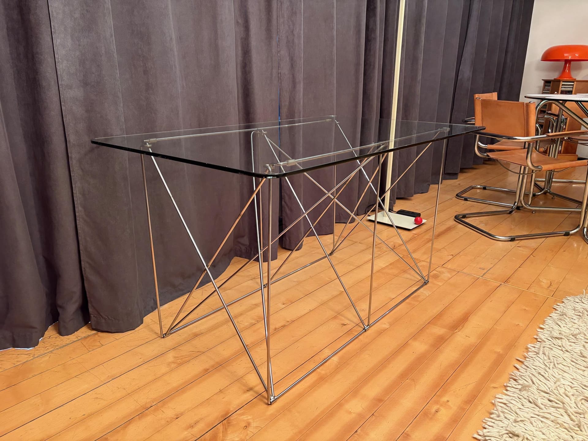 Table, Space Age, transparent glass, chrome steel, by M. Sauze, France, 1970s. - 79879