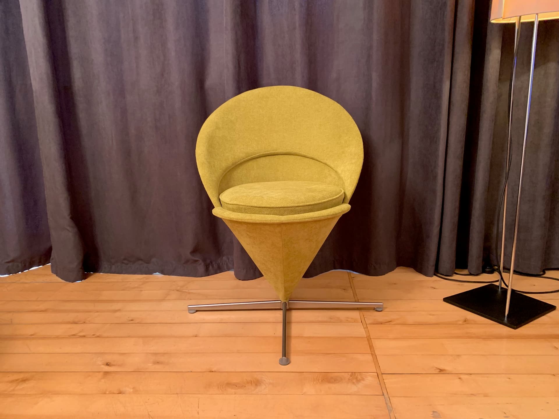Chair Cone, yellow velvet, by V. Panton, Denmark, 1950s. - 40974