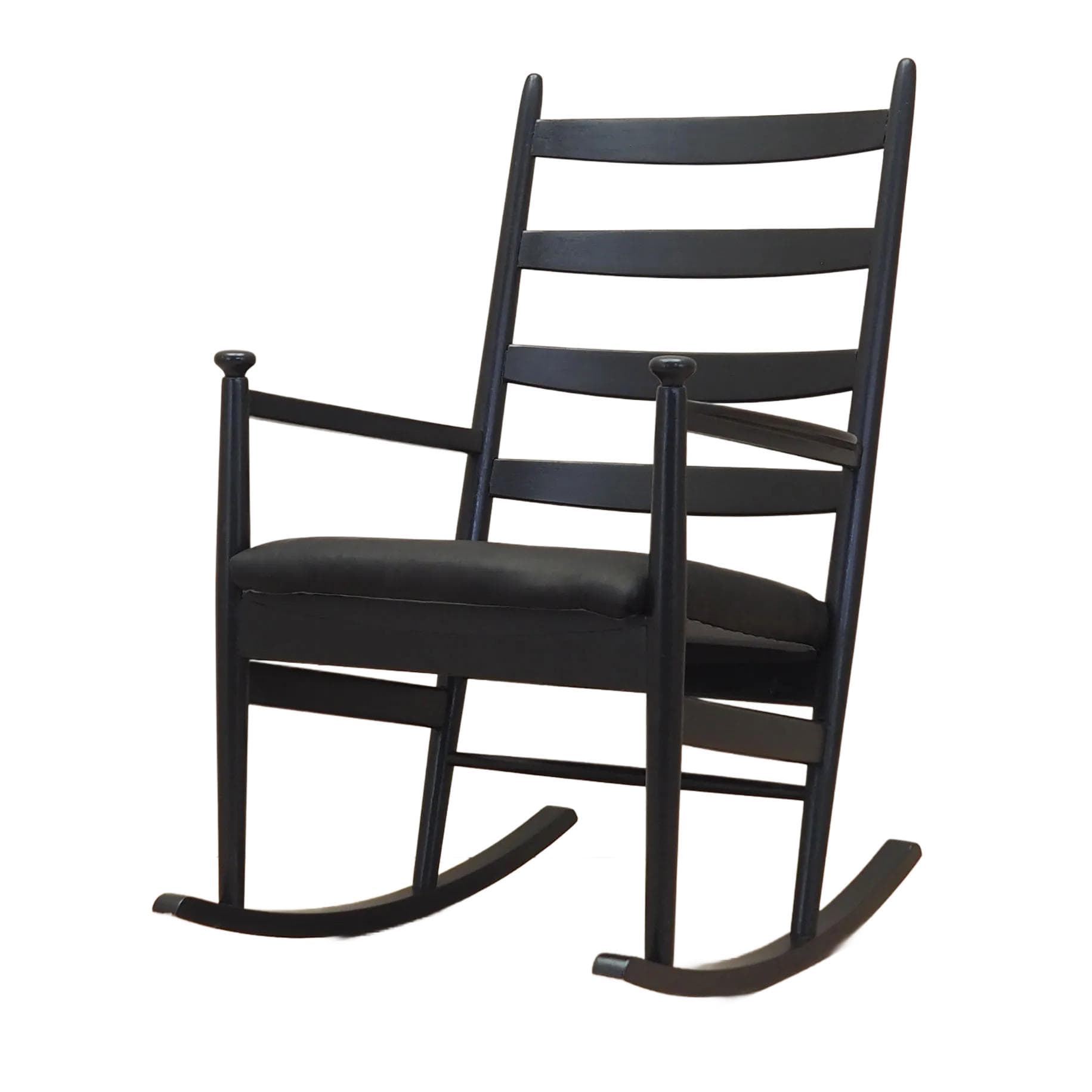 Fotel bujany, buk czarny, skóra czarna, Dania, lata 70.