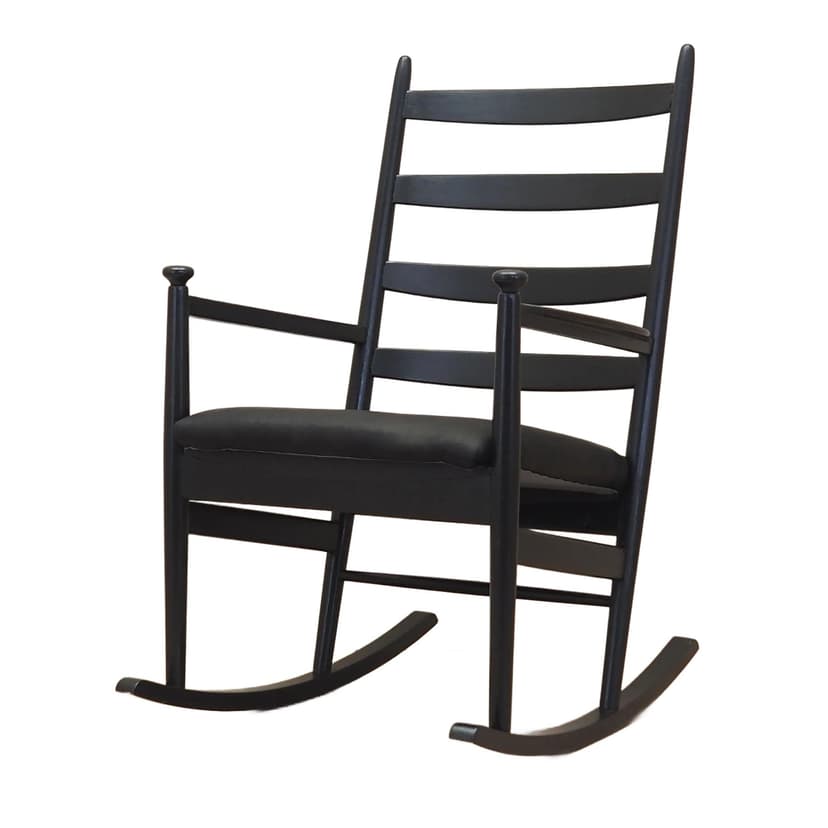 Fotel bujany, buk czarny, skóra czarna, Dania, lata 70.