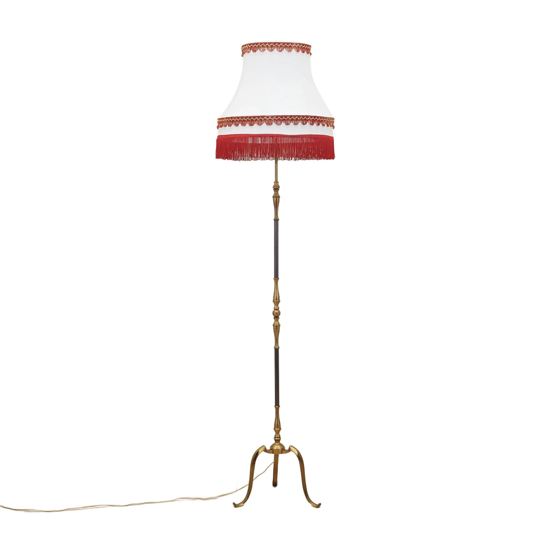 Lampa podłogowa, mosiądz złoty, tkanina biała czerwony, Dania, lata 70.