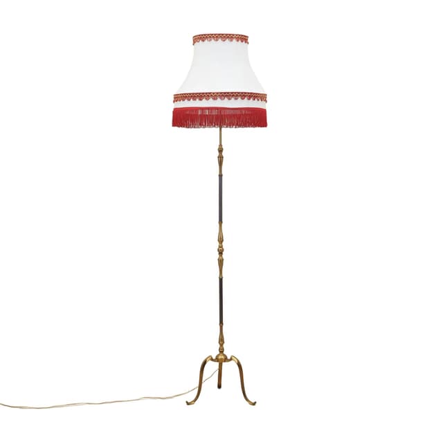 Lampa podłogowa, mosiądz złoty, tkanina biała czerwony, Dania, lata 70. - WYMIARY