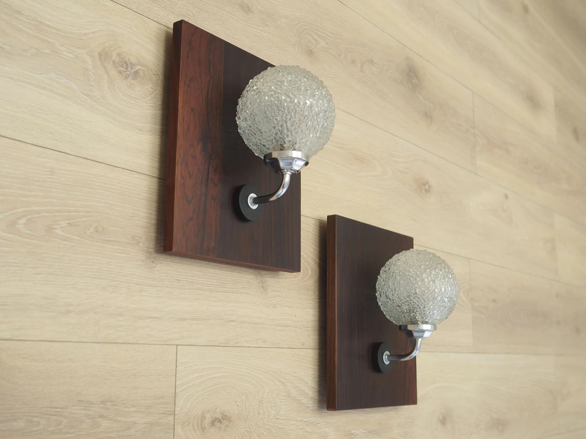 Set of wall sconces, dark brown rosewood, clear glass, chrome metal, Denmark, 1970s. - 42575