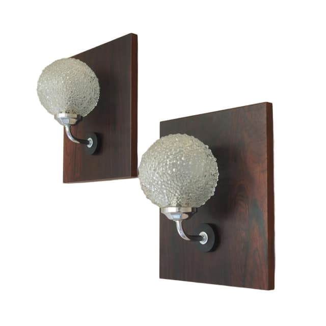 Set of wall sconces, dark brown rosewood, clear glass, chrome metal, Denmark, 1970s. - DIMENSION