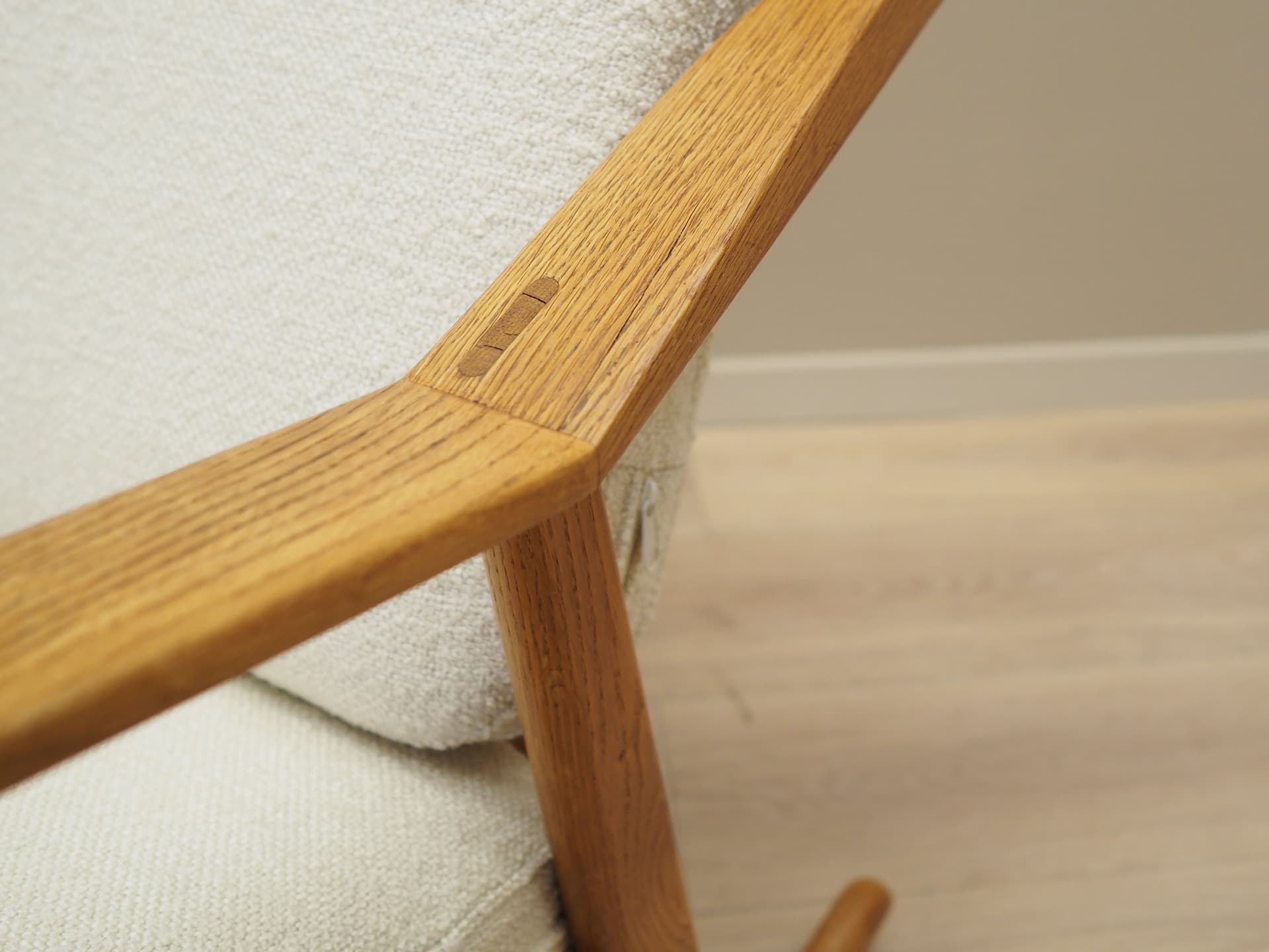 Rocking chair, oak, ivory white, by H. Brockmann Petersen, Randers Møbelfabrik, Denmark, 1960s. - 51622