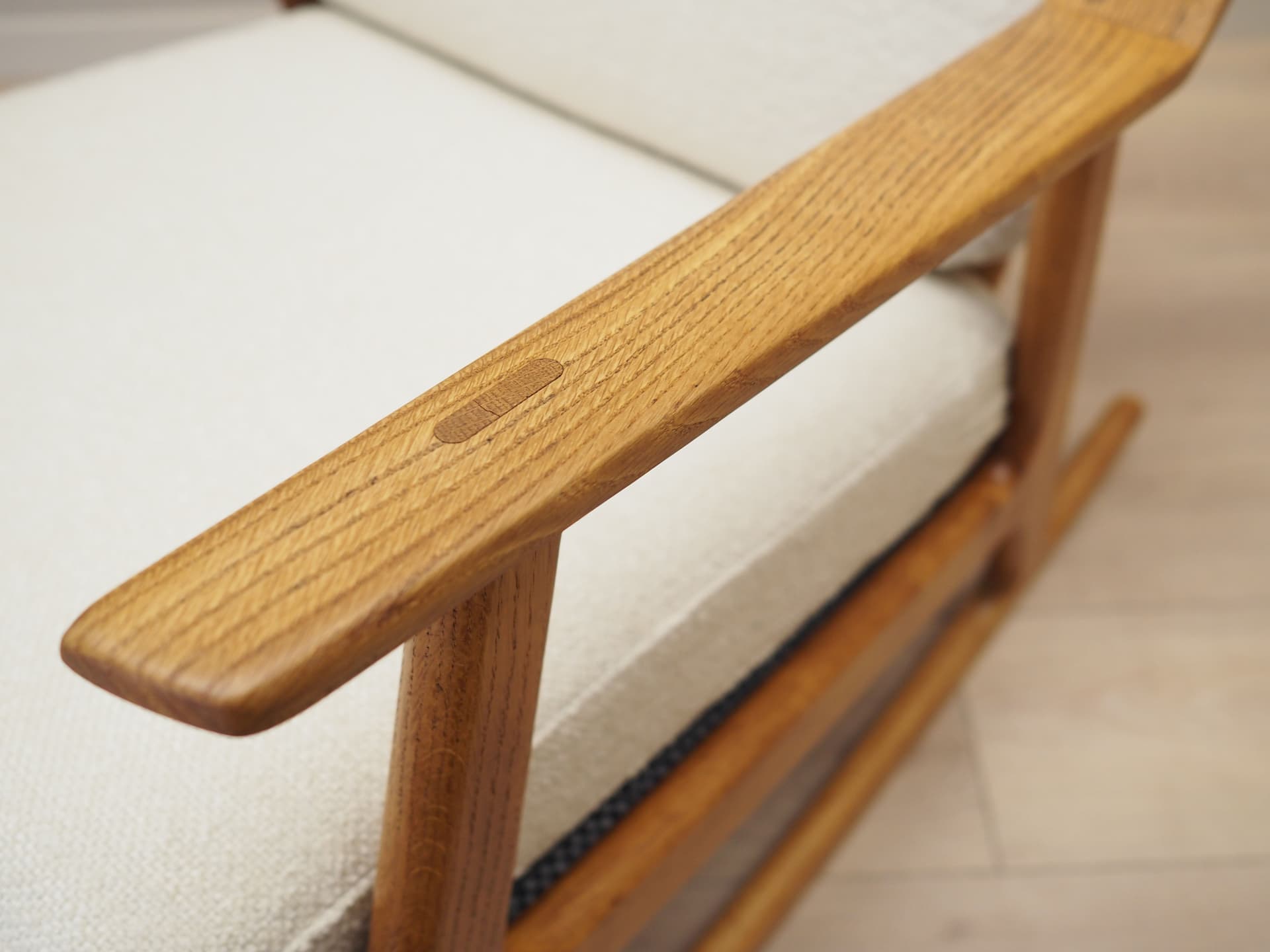 Rocking chair, oak, ivory white, by H. Brockmann Petersen, Randers Møbelfabrik, Denmark, 1960s. - 51620