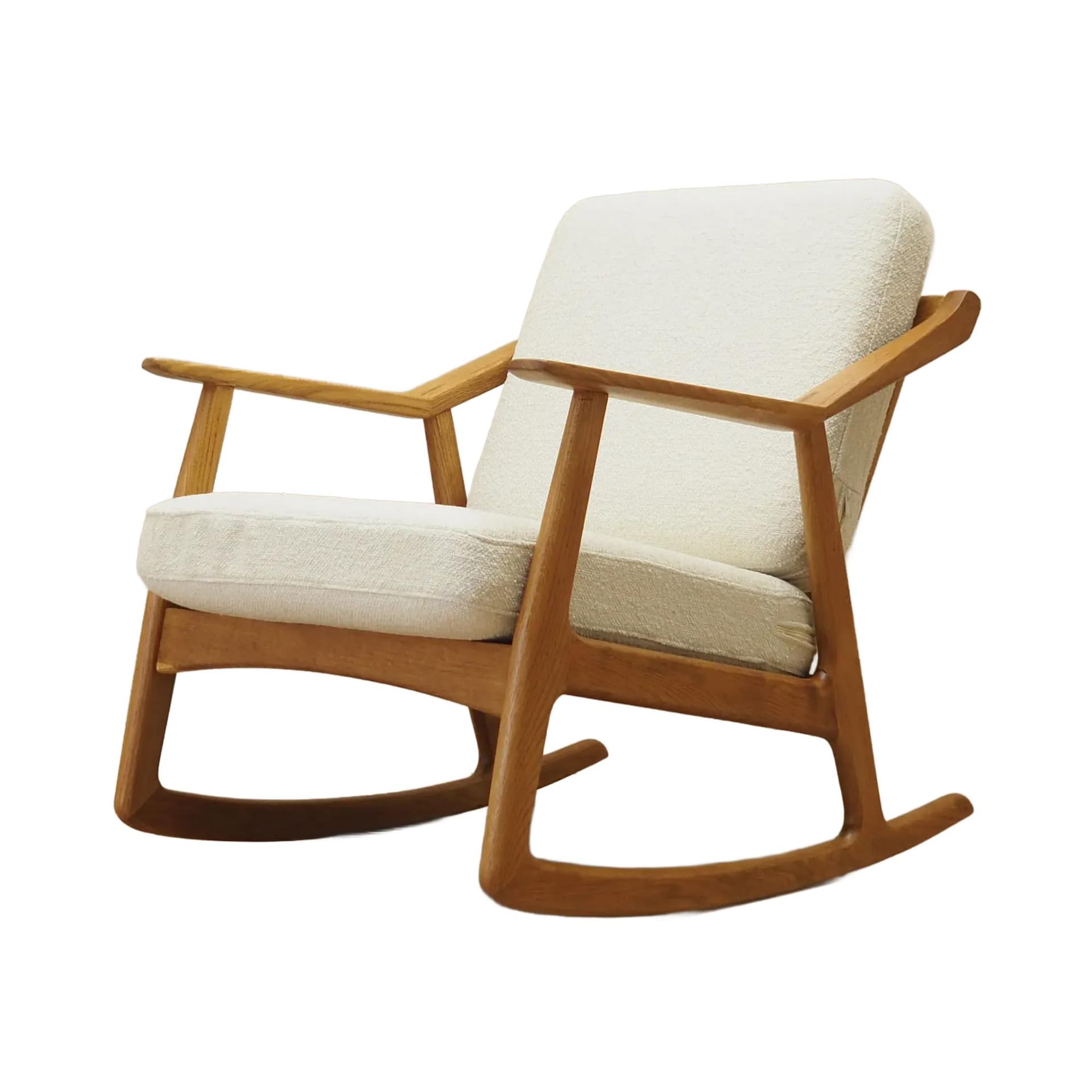 Rocking chair, oak, ivory white, by H. Brockmann Petersen, Randers Møbelfabrik, Denmark, 1960s.